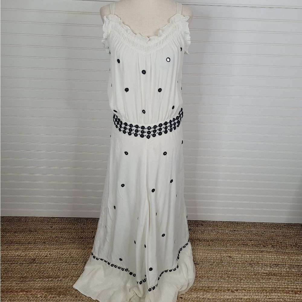 Anthropologie Cream Maxi Dress with Black Dot Trim